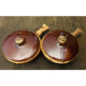 Two Vtg Hull Brown Drip Glaze MCM Soup lidded handle soup Chili bowl 1960- 1985
